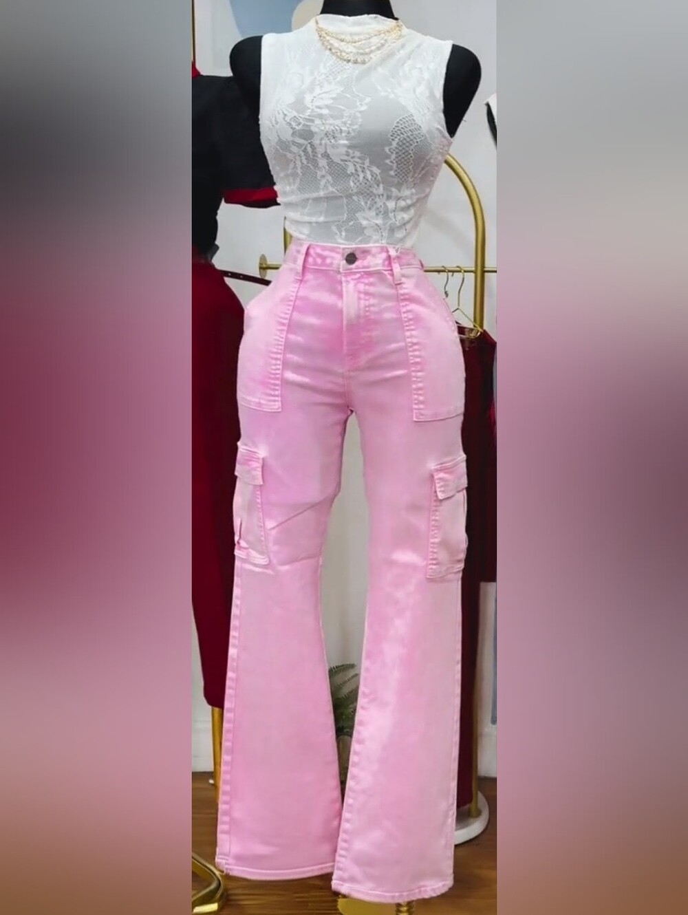 High-Waist Pink Cargo Flare Jeans with Wide Leg